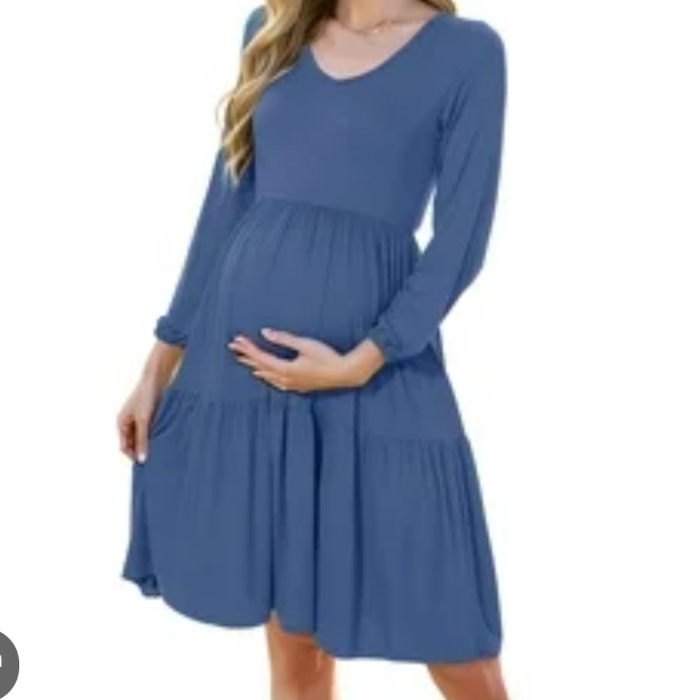Small Show Maternity Dress, Slate Blue Long Sleeve Sz M